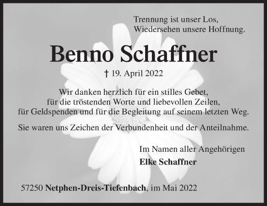 Traueranzeige von Benno Schaffner von Siegener Zeitung