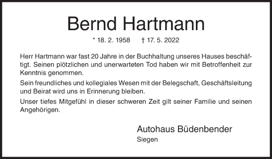 Traueranzeige von Bernd Hartmann von Siegener Zeitung