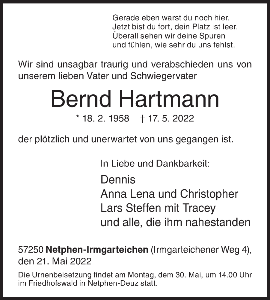  Traueranzeige für Bernd Hartmann vom 21.05.2022 aus Siegener Zeitung