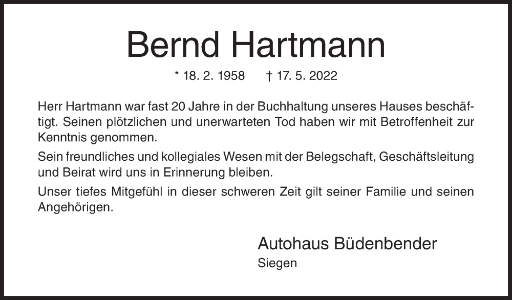  Traueranzeige für Bernd Hartmann vom 21.05.2022 aus Siegener Zeitung
