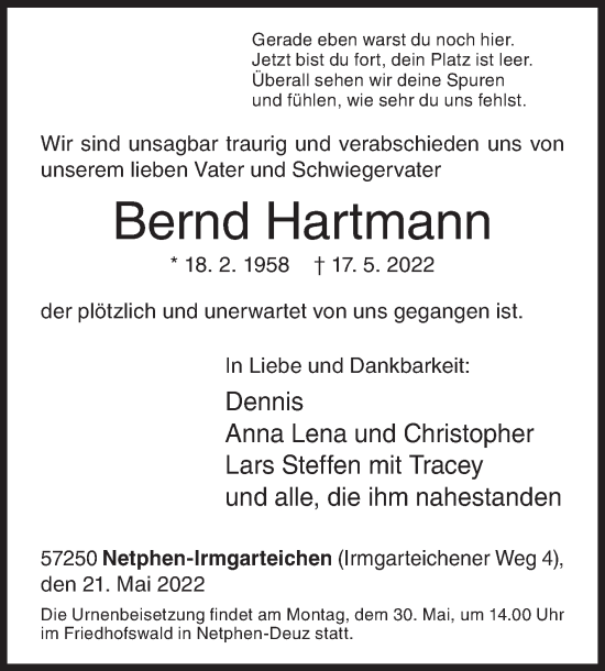 Traueranzeige von Bernd Hartmann von Siegener Zeitung