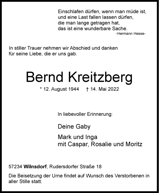 Traueranzeige von Bernd Kreitzberg von Siegener Zeitung