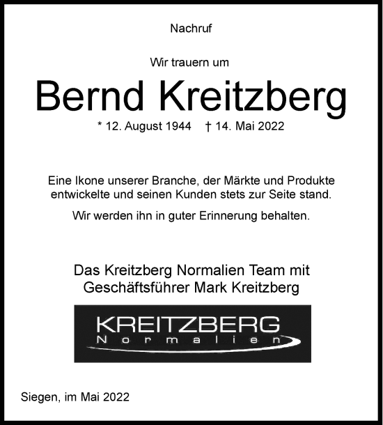 Traueranzeige von Bernd Kreitzberg von Siegener Zeitung
