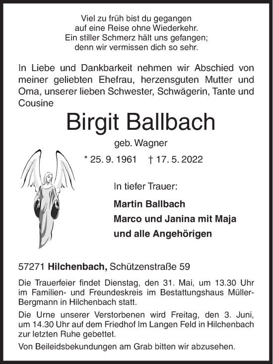 Traueranzeige von Birgit Ballbach von Siegener Zeitung