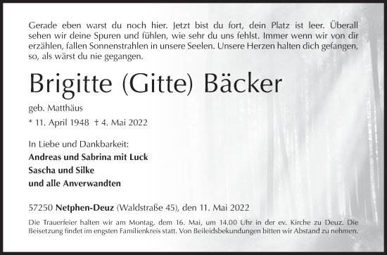 Traueranzeige von Brigitte  Bäcker von Siegener Zeitung