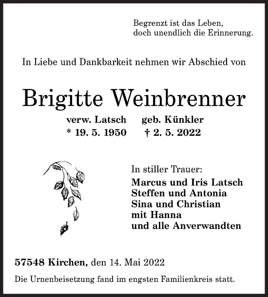 Traueranzeige von Brigitte Weinbrenner von Siegener Zeitung