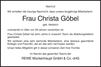Traueranzeige von Christa Göbel von Siegener Zeitung