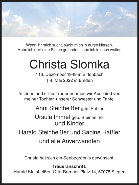 Traueranzeige von Christa Slomka von Siegener Zeitung