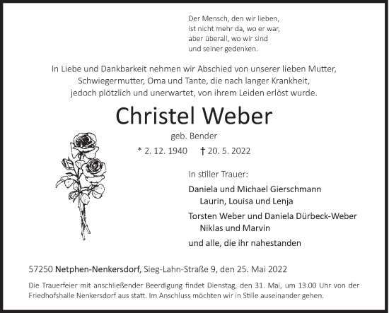 Traueranzeige von Christel Weber von Siegener Zeitung