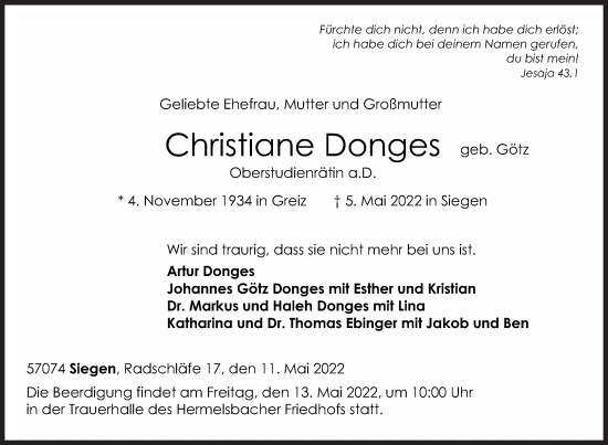 Traueranzeige von Christiane Donges von Siegener Zeitung
