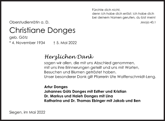 Traueranzeige von Christiane Donges von Siegener Zeitung
