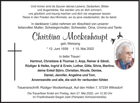 Traueranzeige von Christina Mockenhaupt von Siegener Zeitung