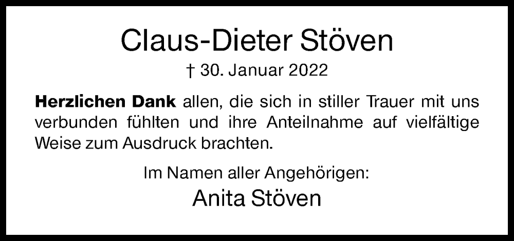  Traueranzeige für Claus-Dieter Stöven vom 14.05.2022 aus Siegener Zeitung