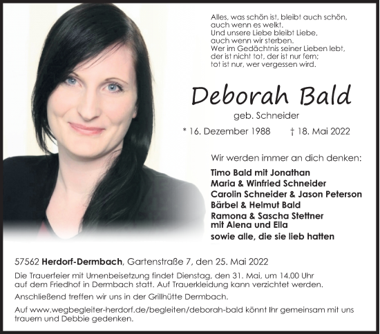 Traueranzeige von Deborah Bald von Siegener Zeitung