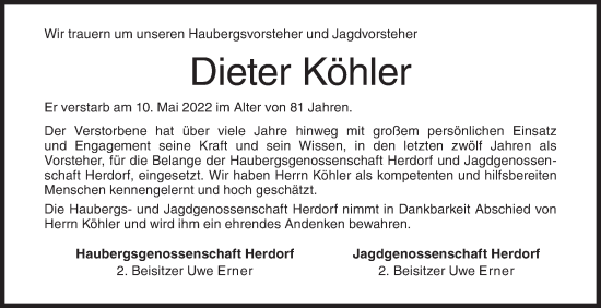 Traueranzeige von Dieter Köhler von Siegener Zeitung