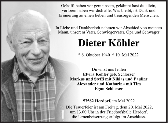 Traueranzeige von Dieter Köhler von Siegener Zeitung