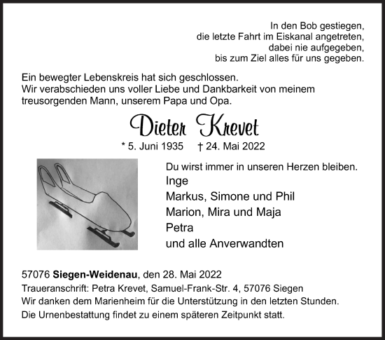 Traueranzeige von Dieter Krevet von Siegener Zeitung