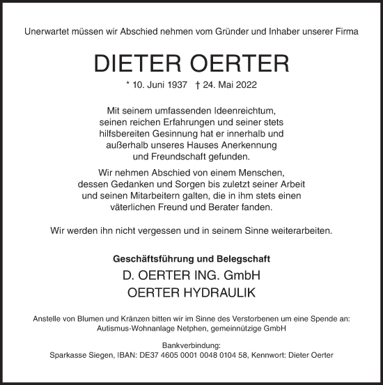 Traueranzeige von Dieter Oerter von Siegener Zeitung