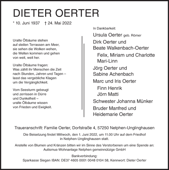 Traueranzeige von Dieter Oerter von Siegener Zeitung