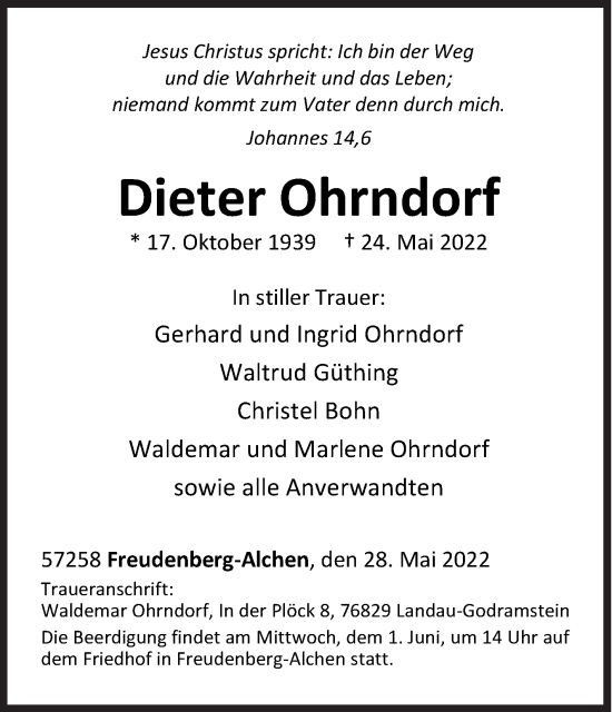 Traueranzeige von Dieter Ohrndorf von Siegener Zeitung