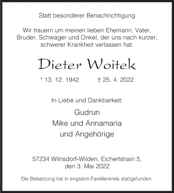 Traueranzeige von Dieter Woitek von Siegener Zeitung