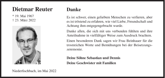 Traueranzeige von Dietmar Reuter von Siegener Zeitung