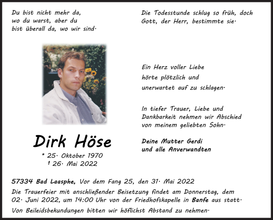 Traueranzeige von Dirk Höse von Siegener Zeitung