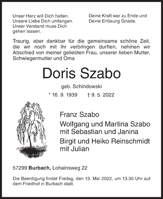 Traueranzeige von Doris Szabo von Siegener Zeitung