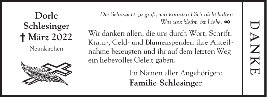 Traueranzeige von Dorle Schlesinger von Siegener Zeitung
