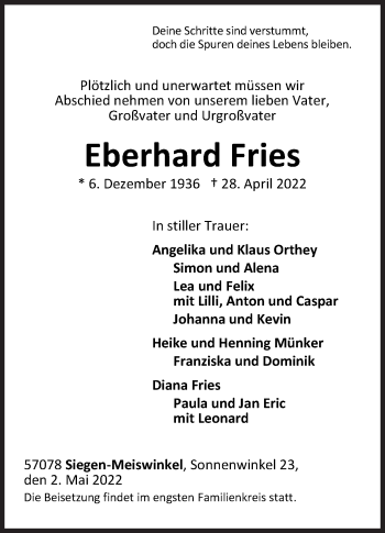 Traueranzeige von Eberhard Fries von Siegener Zeitung