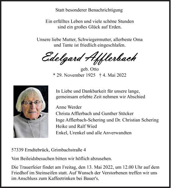 Traueranzeige von Edelgard Afflerbach von Siegener Zeitung