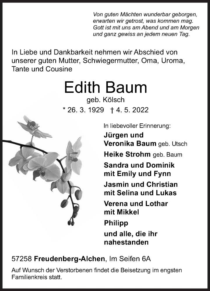  Traueranzeige für Edith Baum vom 07.05.2022 aus Siegener Zeitung