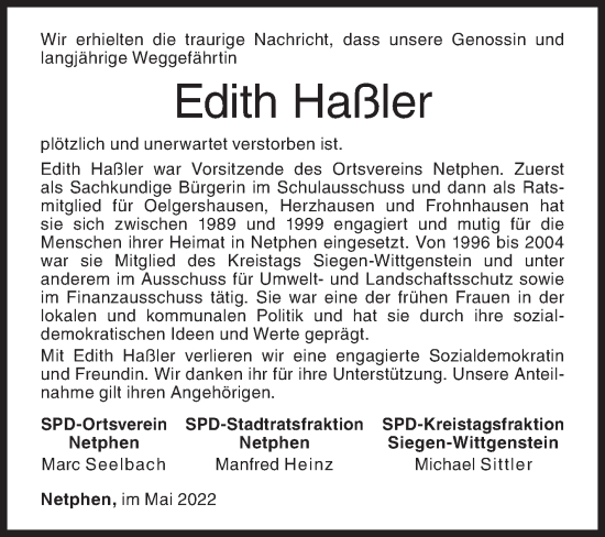 Traueranzeige von Edith Haßler von Siegener Zeitung