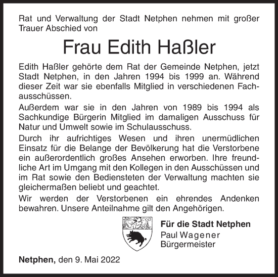 Traueranzeige von Edith Haßler von Siegener Zeitung