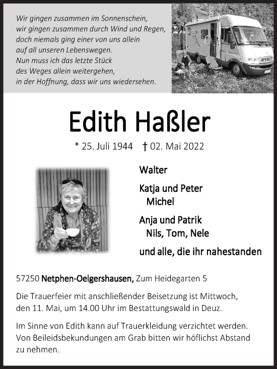 Traueranzeige von Edith Haßler von Siegener Zeitung