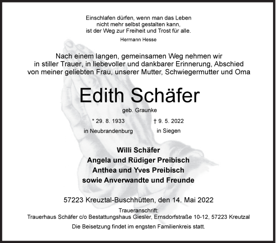Traueranzeige von Edith Schäfer von Siegener Zeitung