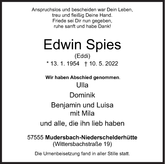 Traueranzeige von Edwin Spies von Siegener Zeitung