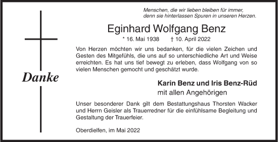Traueranzeige von Eginhard Wolfgang Benz von Siegener Zeitung