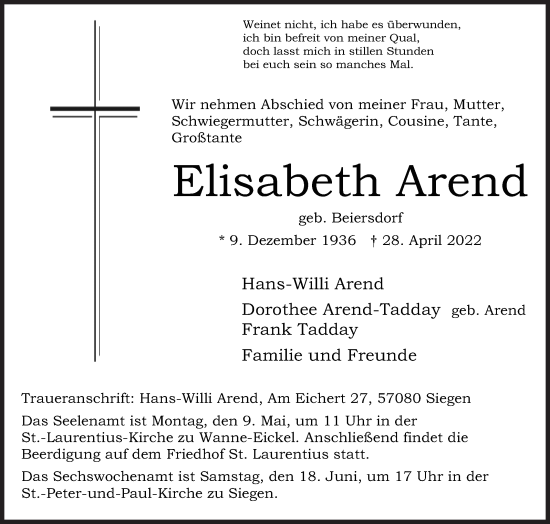 Traueranzeige von Elisabeth Arend von Siegener Zeitung
