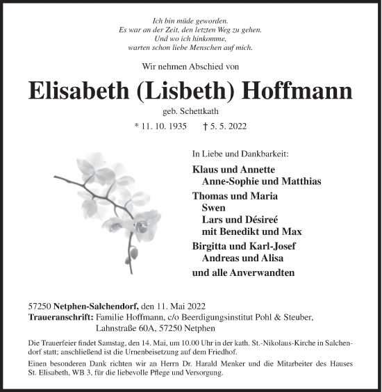 Traueranzeige von Elisabeth Hoffmann von Siegener Zeitung