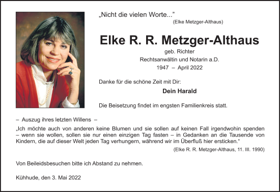 Traueranzeige von Elke R. R. Metzger-Althaus von Siegener Zeitung