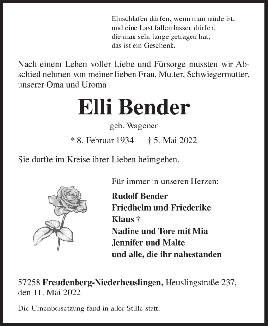 Traueranzeige von Elli Bender von Siegener Zeitung