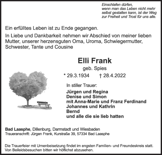 Traueranzeige von Elli Frank von Siegener Zeitung