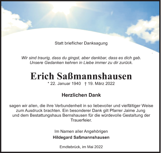 Traueranzeige von Erich Saßmannshausen von Siegener Zeitung