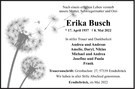 Traueranzeige von Erika Busch von Siegener Zeitung