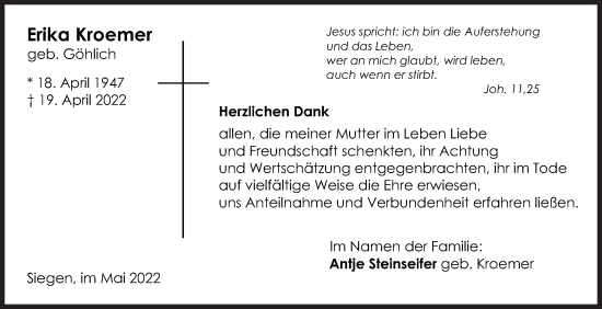 Traueranzeige von Erika Kroemer von Siegener Zeitung