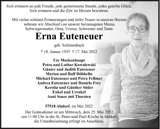 Traueranzeige von Erna Euteneuer von Siegener Zeitung
