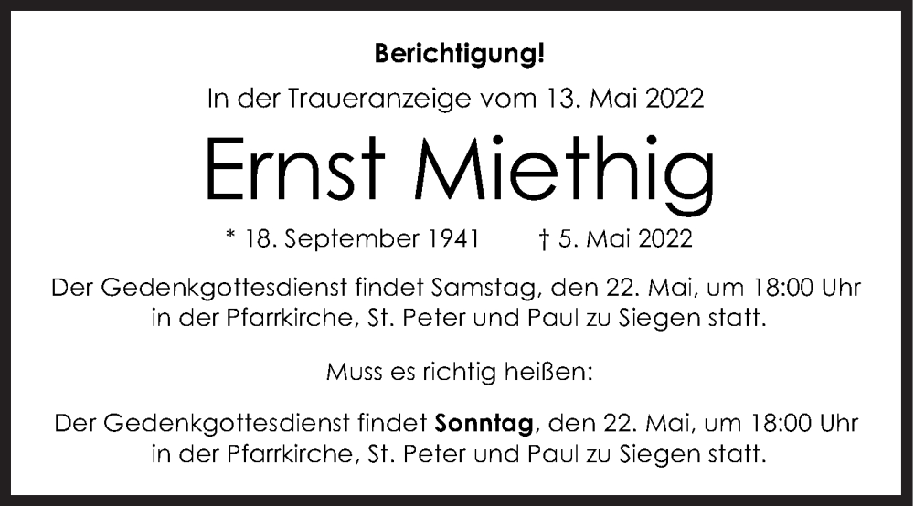  Traueranzeige für Ernst Miethig vom 14.05.2022 aus Siegener Zeitung