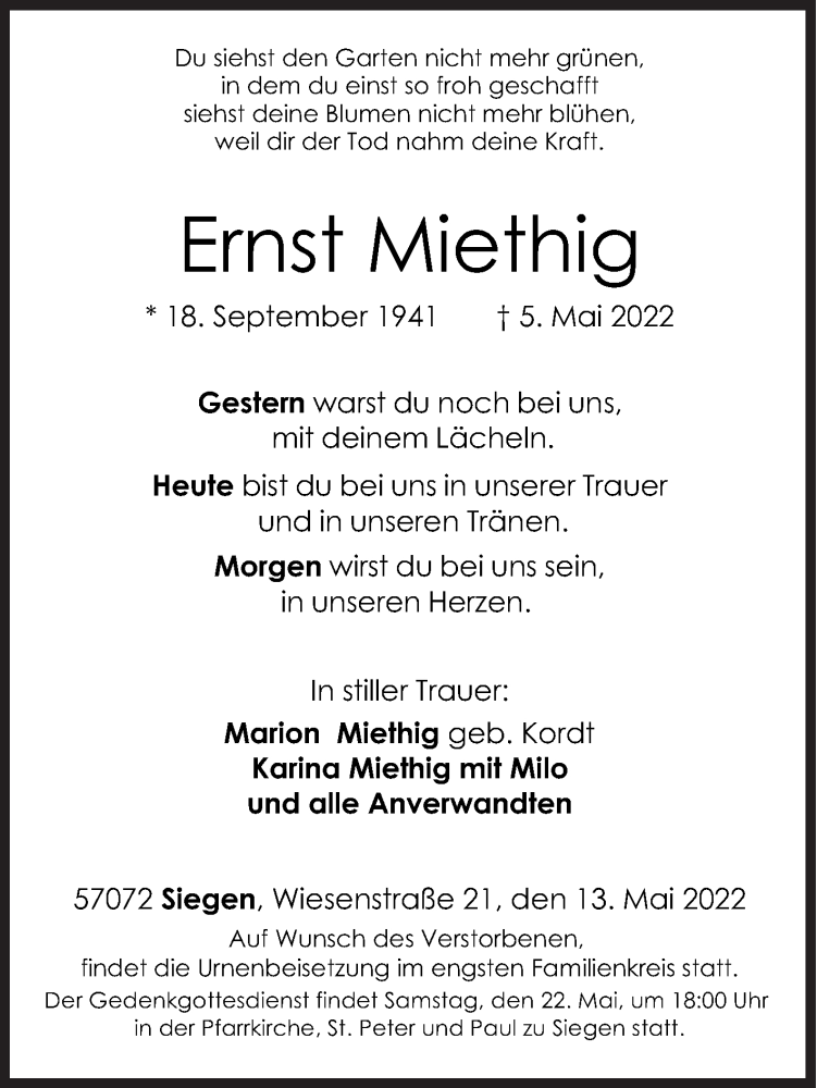  Traueranzeige für Ernst Miethig vom 13.05.2022 aus Siegener Zeitung
