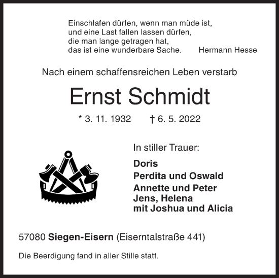 Traueranzeige von Ernst Schmidt von Siegener Zeitung